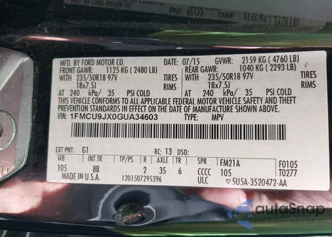 2016 Ford Escape Titanium from USA, damaged, VIN 1FMCU9JX0GUA34603